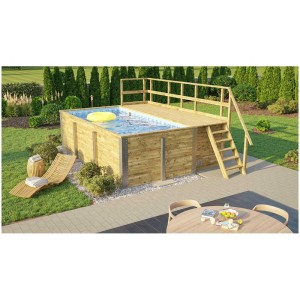 Piscine en bois Weka 595 Bleu/Mosaïque avec terrasse et échelle dans le jardin.