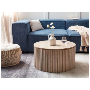 Tavolino da caffè rotondo Kirkwood in legno di mango marrone chiaro con contenitore e design a coste.