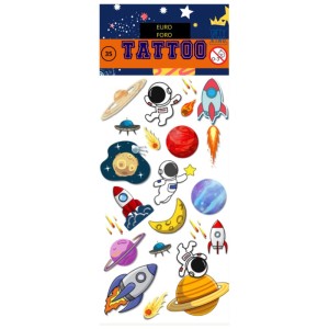 Hauttattoos mit Weltall Motiven: Astronauten, Planeten und Raketen für Kinder.