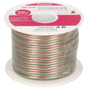 Cavo per altoparlanti Schwaiger (2x0,75 mm²) su bobina, 10 m, trasparente con marcatura verde.