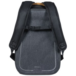 Basil Urban Dry Fahrradrucksack, Charcoal-Grau, 18 l, Rückansicht mit Trägern und Brustgurt.