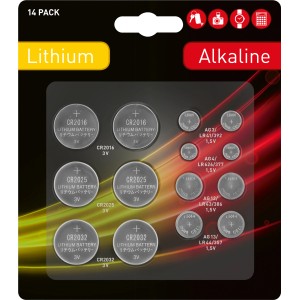 Set di batterie a bottone, 14 pezzi con batterie al litio e alcaline di vari tipi.