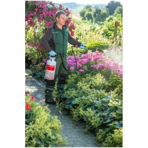 Homme utilisant le pulvérisateur à pression Birchmeier Profi Star 5 dans le jardin pour l'entretien des plantes.