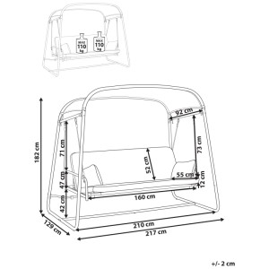 Disegno tecnico della dondolo Beliani Marsciano con dimensioni 182x217x129 cm e max. 110 kg per persona.