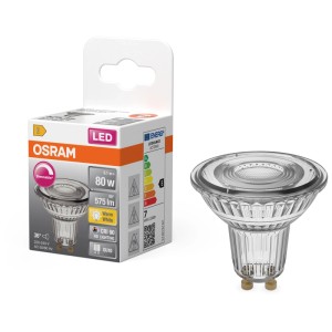 Osram LED riflettore PAR16, dimmerabile, GU10, 6.1W, 2700K. Design in vetro trasparente per illuminazione d'accento.