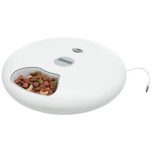 Distributeur de nourriture Trixie TX5+1 blanc pour chien, avec programmation des heures de repas et câble USB.