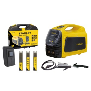 Poste à souder Inverter Stanley MAX 160 Kit avec accessoires comme électrodes, casque et mallette.