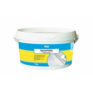 Secchio di Knauf Styroporkleber, 1 kg, per isolanti espansi. Adesivo speciale ad alta adesione iniziale.