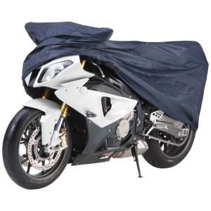 Moto avec garage moto bleu taille L, protection contre le gel et les intempéries.