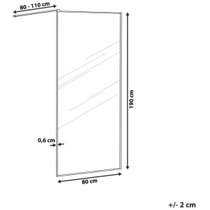 Dessin technique de la paroi de douche Beliani Waspam 190x80 cm avec profils dorés, épaisseur du verre et dimensions barre.