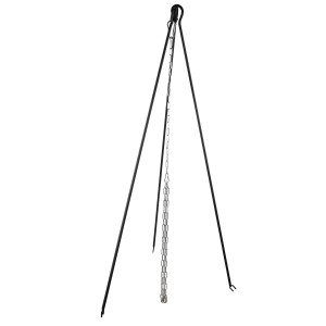 Treppiede nero per braciere (altezza 118 cm) con catena per appendere griglia o pentola.