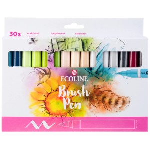 Ecoline Brushpen Set mit 30 Aquarellfarben im Karton, ideal zum Malen und Zeichnen.