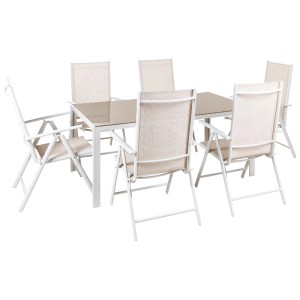 Ensemble de meubles de jardin Catania beige 7 pièces avec table et chaises pliantes.