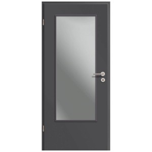 Porta interna GetaDoor CPL grigio titanio con inserto in vetro, anta con set maniglia.