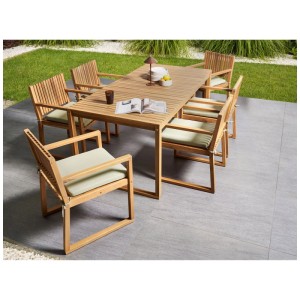 Set mobili da giardino Sassari Premium: tavolo in legno di acacia, 6 sedie con cuscini verde chiaro su patio.