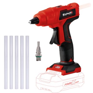 Pistolet à colle chaude sans fil Einhell Power X-Change TE-CG 18 Li Solo avec bâtons de colle et buse, sans batterie.
