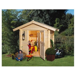Casetta da giardino weka Bregenz A color naturale con tetto a due falde, base 200x200 cm, in giardino con bambini.