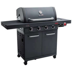 Barbecue a gas Char-Broil Professional Power Edition 4 nero opaco con 4 bruciatori, ripiano laterale e mobiletto.
