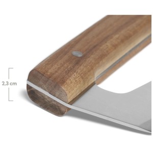 Gros plan : couteau à pizza à bascule Burnhard avec lame en acier et manche en acacia.