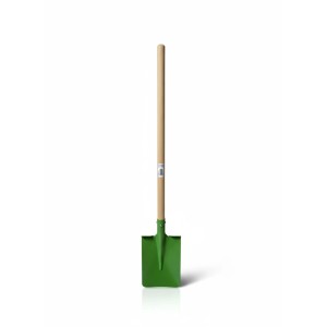 Pelle verte en métal pour enfants avec long manche en bois. Outil de jardin robuste pour petits jardiniers.
