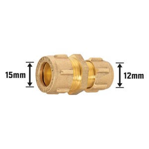 Raccordo a compressione in ottone, 12 mm x 15 mm, per collegare tubi in rame.