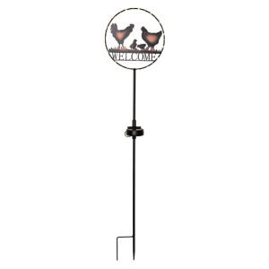 Schwarzer LED-Solar-Gartenstecker, rundes Hühnerfamilien-Motiv mit Welcome-Schriftzug. Warmweisses Licht für Garten.