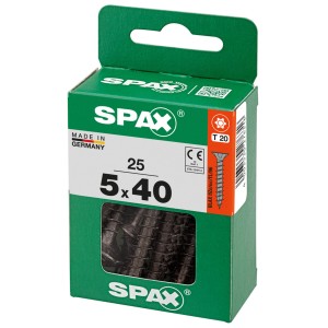 Confezione di viti universali Spax 5x40 mm, zincate nere, con filettatura completa e testa svasata.