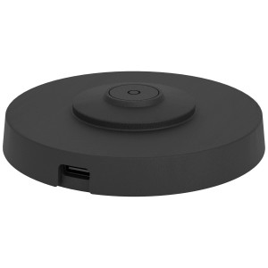 Stazione di ricarica nera e rotonda per lampada da tavolo a batteria Eglo Piccola. Porta USB laterale.