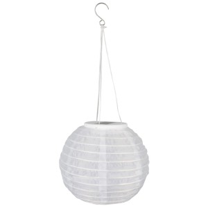 Weiße Globo Solarleuchte im Lampion-Design, Ø 30 cm, ideal für Garten und Terrasse.