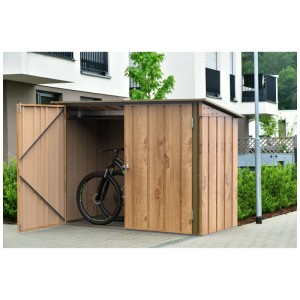 Garage per biciclette Duramax (2x1m) effetto legno marrone con porta aperta e bicicletta all'interno.