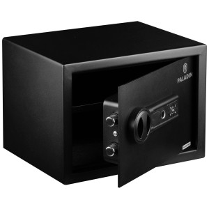 Coffre-fort pour meubles Paladin noir ouvert avec lecteur d'empreintes digitales, 25x35x25 cm.