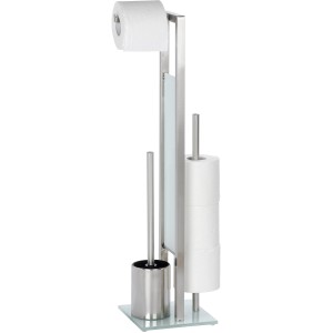 Wenko Ensemble WC sur pied Rivalta, argent mat, avec porte-papier toilette et brosse, en acier inoxydable et verre.