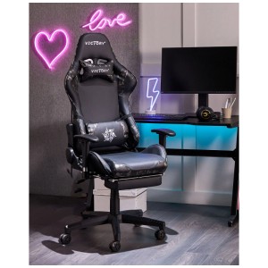 Sedia gaming Beliani Victory, nera e grigia, con poggiapiedi e schienale regolabile.