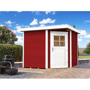 Abri de jardin en bois Weka Angolo B, rouge suédois, avec toit plat et porte blanche. Abri de jardin pour outils.