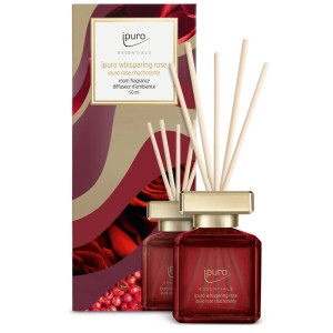 Ipuro Parfum d'ambiance Essentials Whispering Rose Bordeaux, 50 ml, avec bâtonnets dans un flacon en verre rouge.