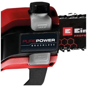 Gros plan : É élagueuse à batterie Einhell GP-LC 18/20 Li T BL-Solo avec réservoir d'huile et chaîne.