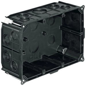 Scatola da incasso nera misura 3 x 2 con ingressi per tubi M20, M25, M32.