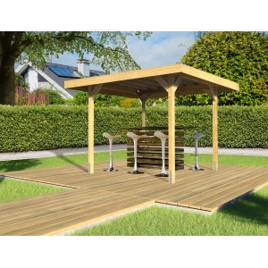 Gazebo da giardino Weka 657 in legno con tetto piatto e bar su terrazza in legno in giardino.