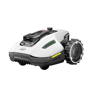 Robot tondeuse Mammotion Yuka Mini 600 : Robot tondeuse blanc avec traction intégrale et détection d'obstacles.