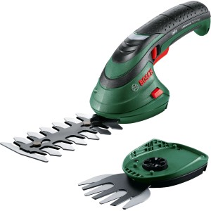 Set Bosch Isio cisaille à gazon et à arbustes sans fil avec lames pour gazon et arbustes.