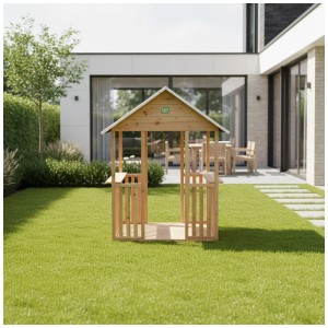 Cabane de jeux Exit Toys Panorama 100 avec plancher en bois de cyprès dans le jardin.