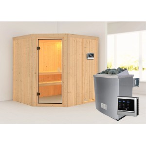 Sauna Woodfeeling Bodo con stufa e porta in vetro bronzato. Sauna in legno massello per momenti di relax.