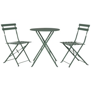 Set bistrot pieghevole, 3 pezzi, acciaio verniciato a polvere verde: tavolo e due sedie per balcone o terrazza.