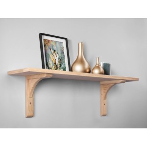 Étagère murale avec console en chêne, 22x18 cm, avec des éléments décoratifs sur fond gris.