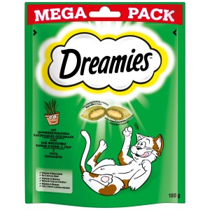 Dreamies Katzen-Snack Katzenminze, 180g Packung mit knusprigen Katzensnacks.