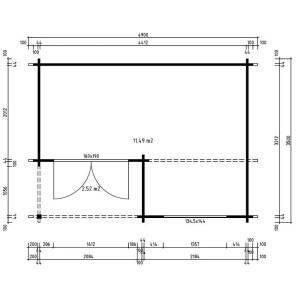 Planimetria Alpholz casetta da giardino Orkus-44 con tetto a una falda, dimensioni e dettagli della casetta in legno.