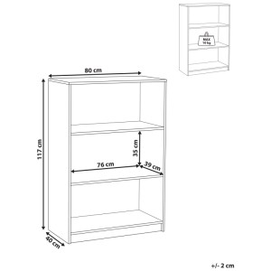 Dessin technique de l'étagère Beliani Zehna: marron clair, 3 niveaux ouverts, 117x80x40 cm. Max 10 kg par étagère.