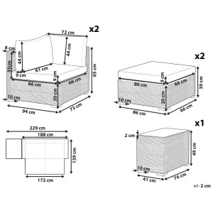 Schéma de l'ensemble lounge Noto : Dimensions des meubles en rotin marron avec coussins blancs pour jardin/terrasse.