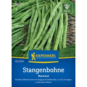 Haricots à rames Kiepenkerl Markant : Longs haricots verts sur le sachet de graines.