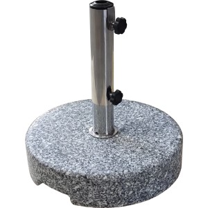 Supporto per ombrellone Hostena in granito grigio con tubo argentato e viti di fissaggio nere.